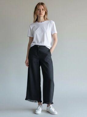Theory Black linen fringed pants